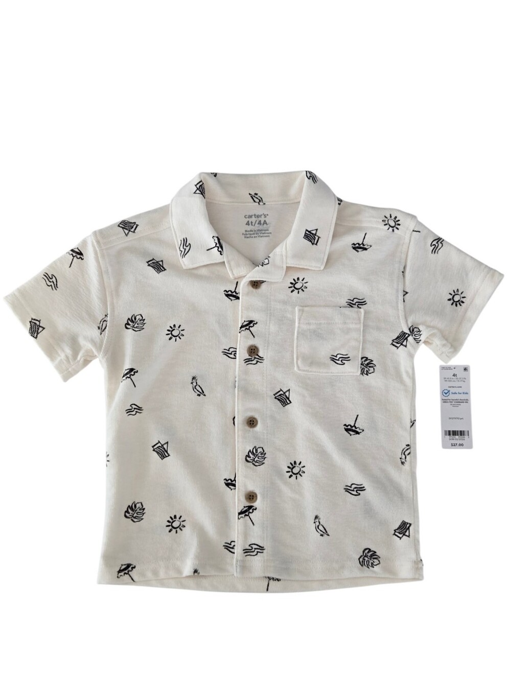 Carter's Boy's Beach Button Down Shirt Short Sleeve 4T Ivory New